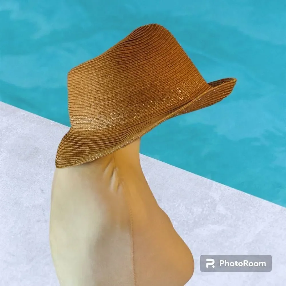 D&Y Brown Straw Fedora Hat with Silver Sparkle